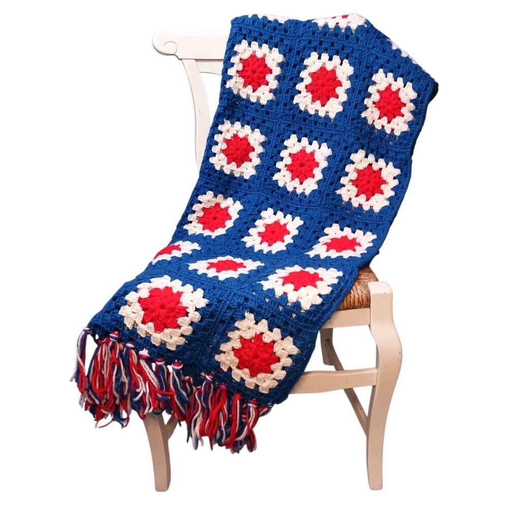 Vintage Hand Crochet GRANNY SQUARE Afghan Throw Blanket PATRIOTIC Red White Blue